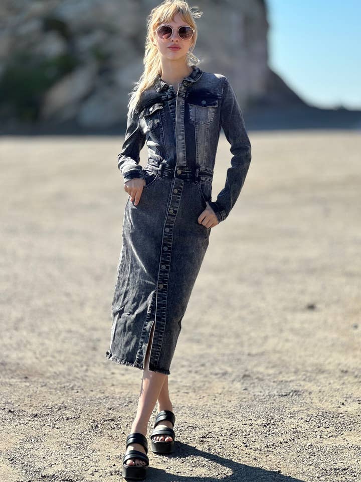 WASH LAB - Wholesale Dress - Women's - Color-Blocked Denim Dress
