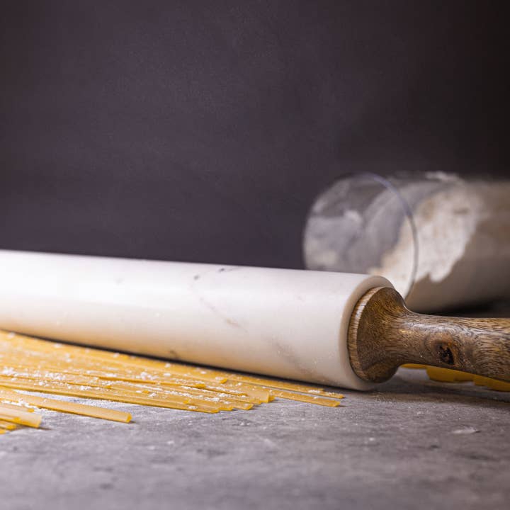 White Marble & Mango Wood Rolling Pin w/ Base for wholesale on Faire7
