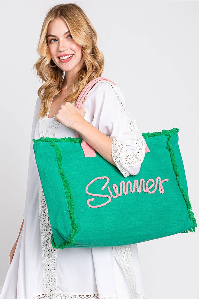 Hana – Saco de praia por atacado – Bolsa de lona amarela com franjas, corda costurada e palavra 'Summer'8