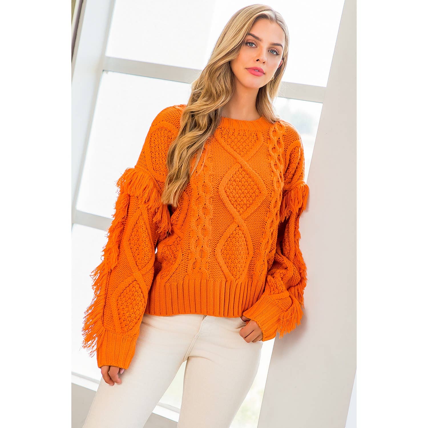 THML - Wholesale Knit Sweater - Women's - Knit Fringe Sleeve Sweater0