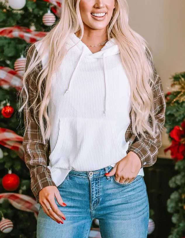 White Waffle Patch Plaid Sleeve Kangaroo Pocket Hoodie for wholesale on Faire