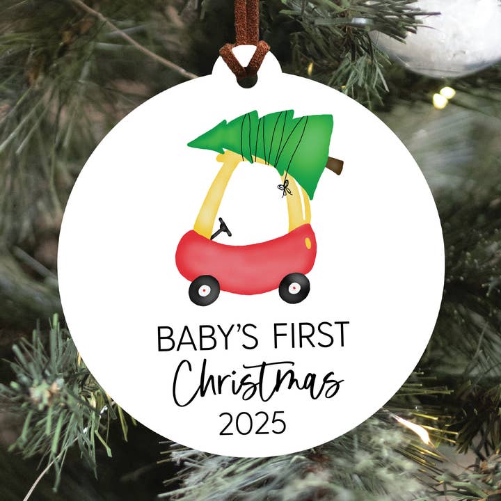 Baby's First Christmas Ornament 2025 | Red Car for wholesale by Knotty Design Co.