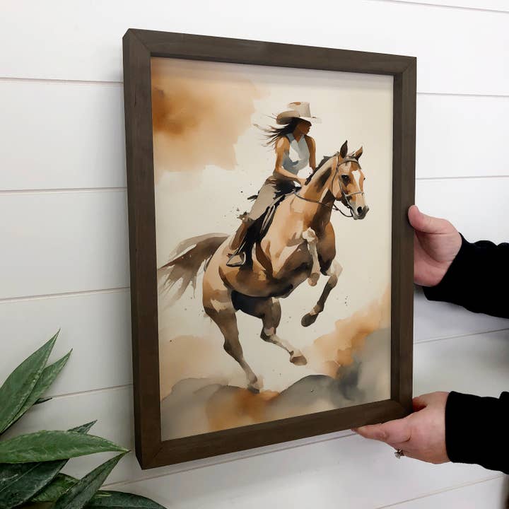 Hangout Home - Wholesale Art Print - Cowgirl Riding High - Ranch House Canvas Art - Wood Framed2
