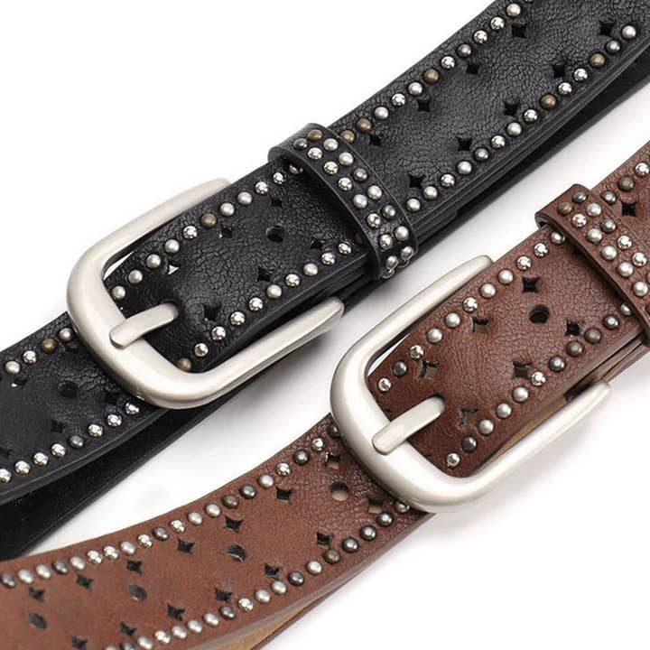 UNISHE - Wholesale Belt – Women's - Perforated Punk Double-Row Studded Leather Belt ZK36758