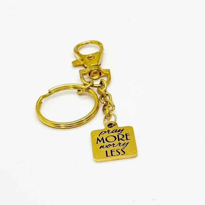 Pray More Worry Less Clip On Keychain Faith Gift Christian Gold Stainless Steel Engraved Charm Inspirational Religious for wholesale by JKCE Designs