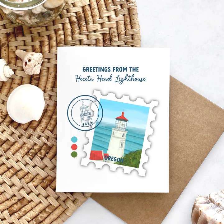 25 Sweetpeas - Wholesale Christmas Card - Heceta Head Lighthouse Greetings From Card Box Set of 63