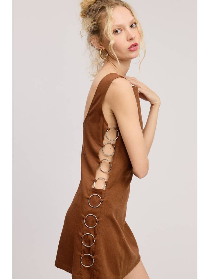 Mimosa - Wholesale Dress - Women's - Open-Pack Side Cut Out Linen Mini Dress with O-Ring Detail2