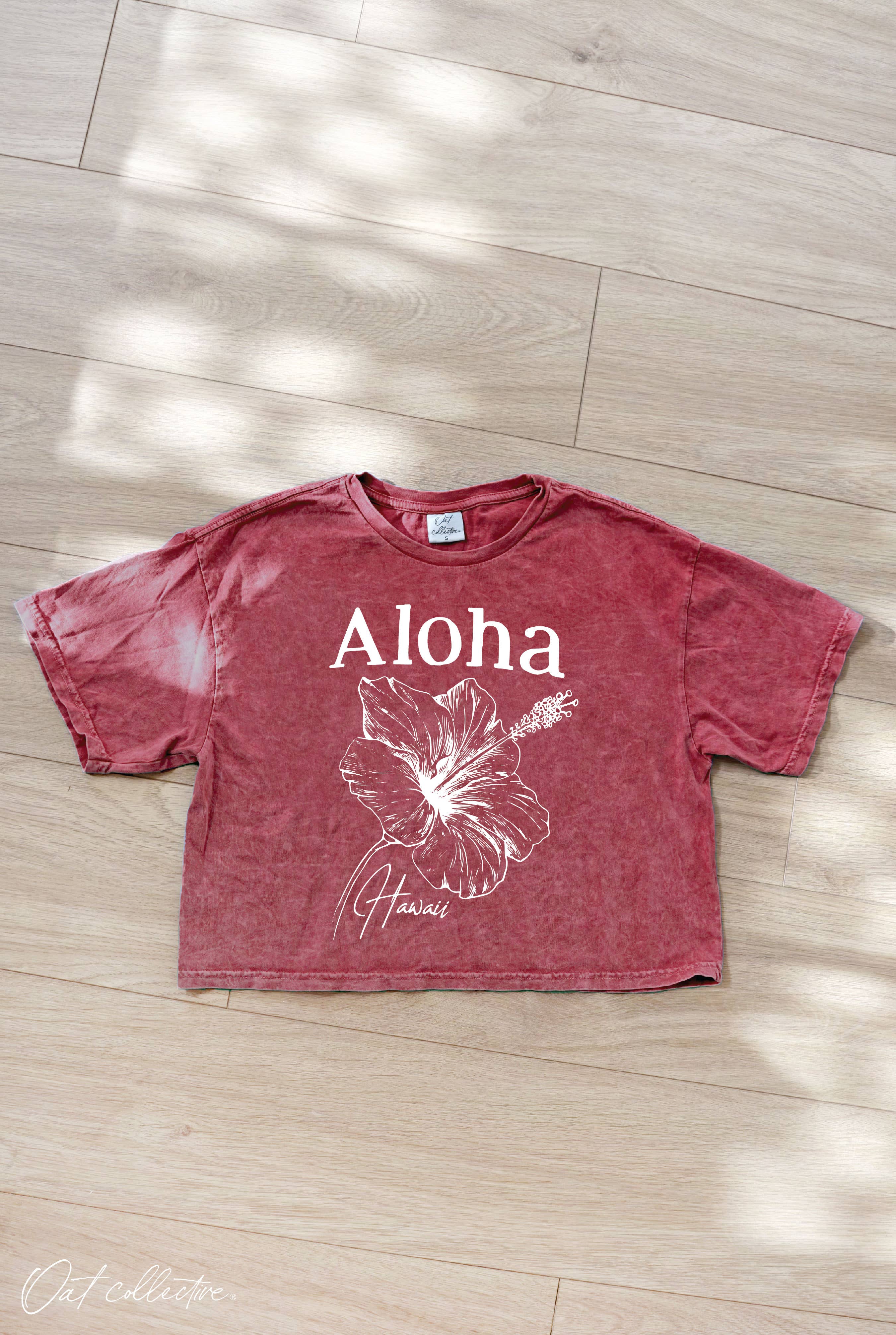 OAT COLLECTIVE - Wholesale Screen Printed T-Shirt - Women's - ALOHA HAWAII Cropped Mineral Washed Graphic Top
6