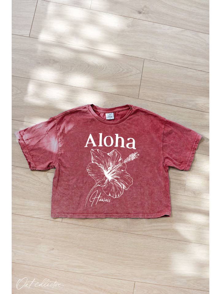 OAT COLLECTIVE - Wholesale Screen Printed T-Shirt - Women's - ALOHA HAWAII Cropped Mineral Washed Graphic Top
6