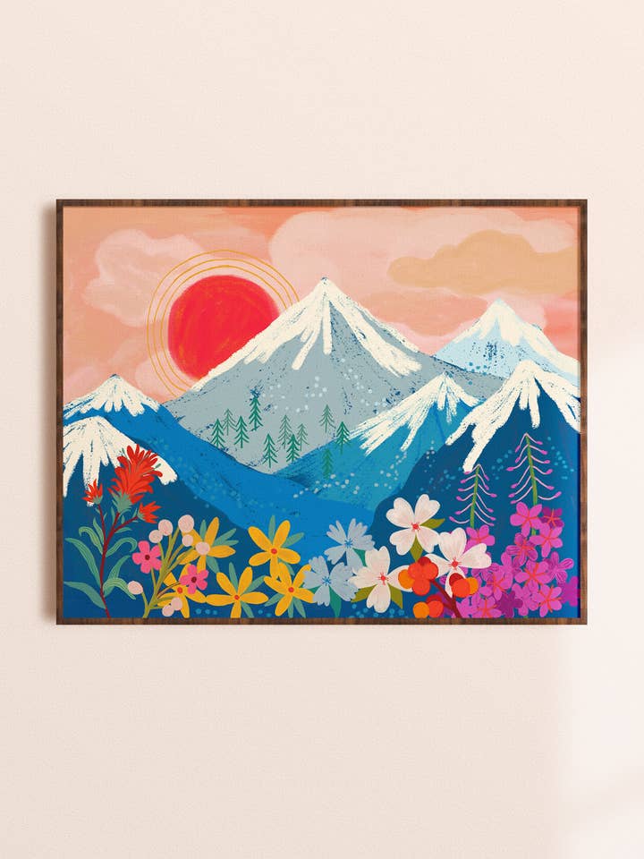 Blue Mountains + Wildflowers Landscape Art Print for wholesale by Dream Folk Studio