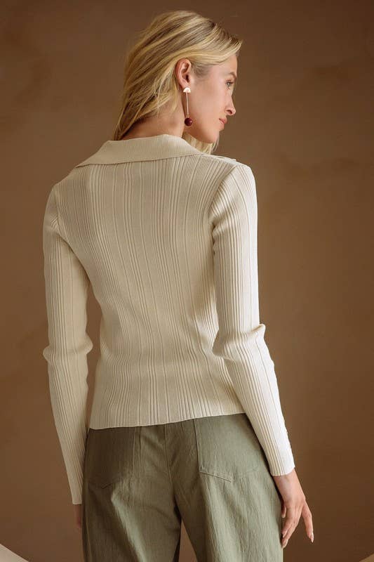 Cream Ribbed Knit Collared Shirt for wholesale on Faire3