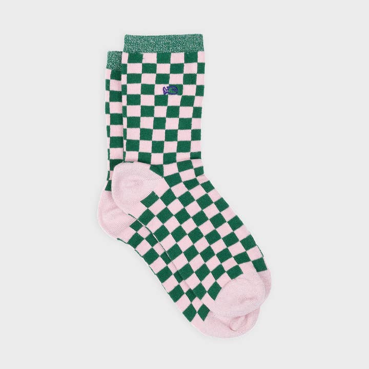 Combed cotton socks Green and pink checks for wholesale by BILLYBELT