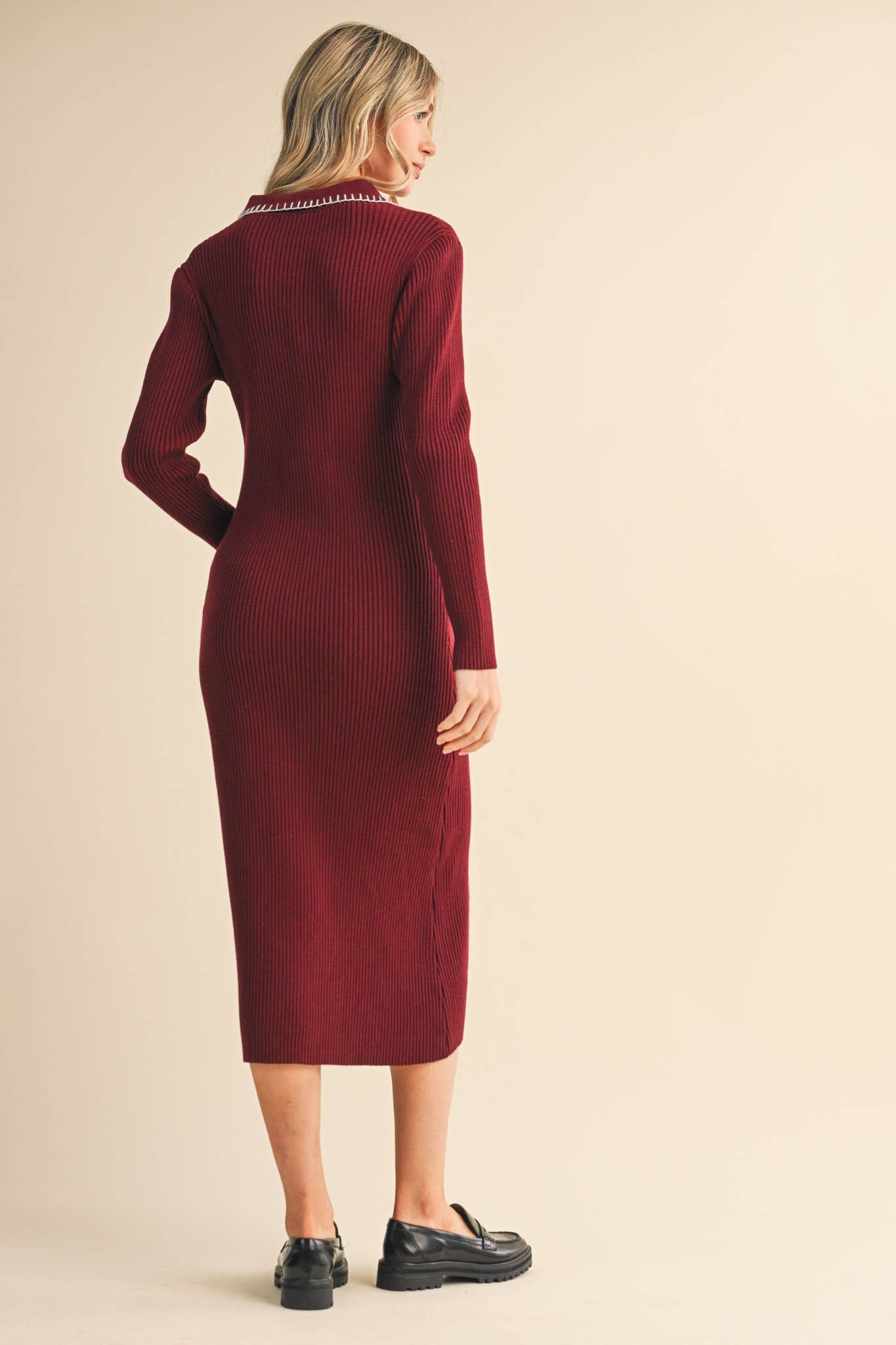 &MERCI - Wholesale Dress - Women's - RIBBED SWEATER MIDI DRESS WITH CONTRAST STITCH MSW1123231