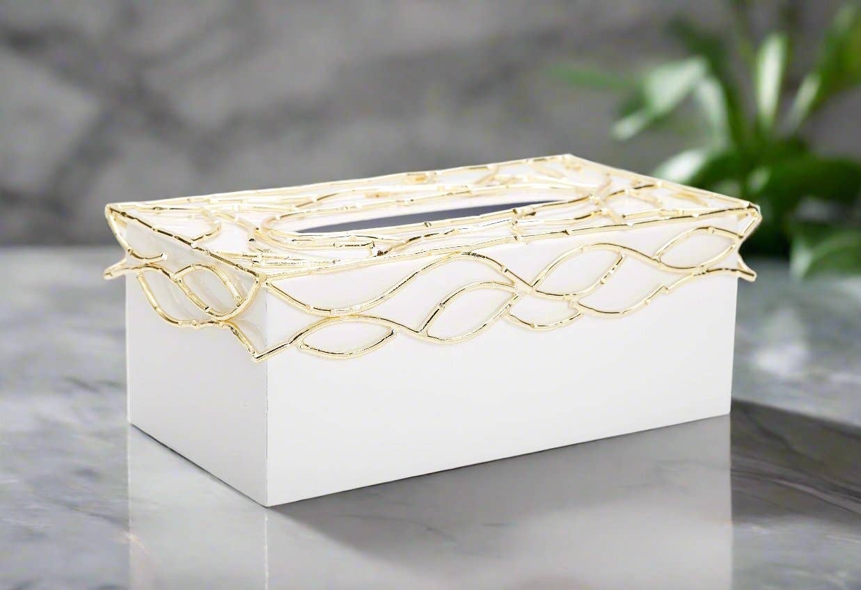 CLASSIC TOUCH DECOR INC. - Wholesale Tissue Box - White Tissue Box Gold Mesh Design on Cover2
