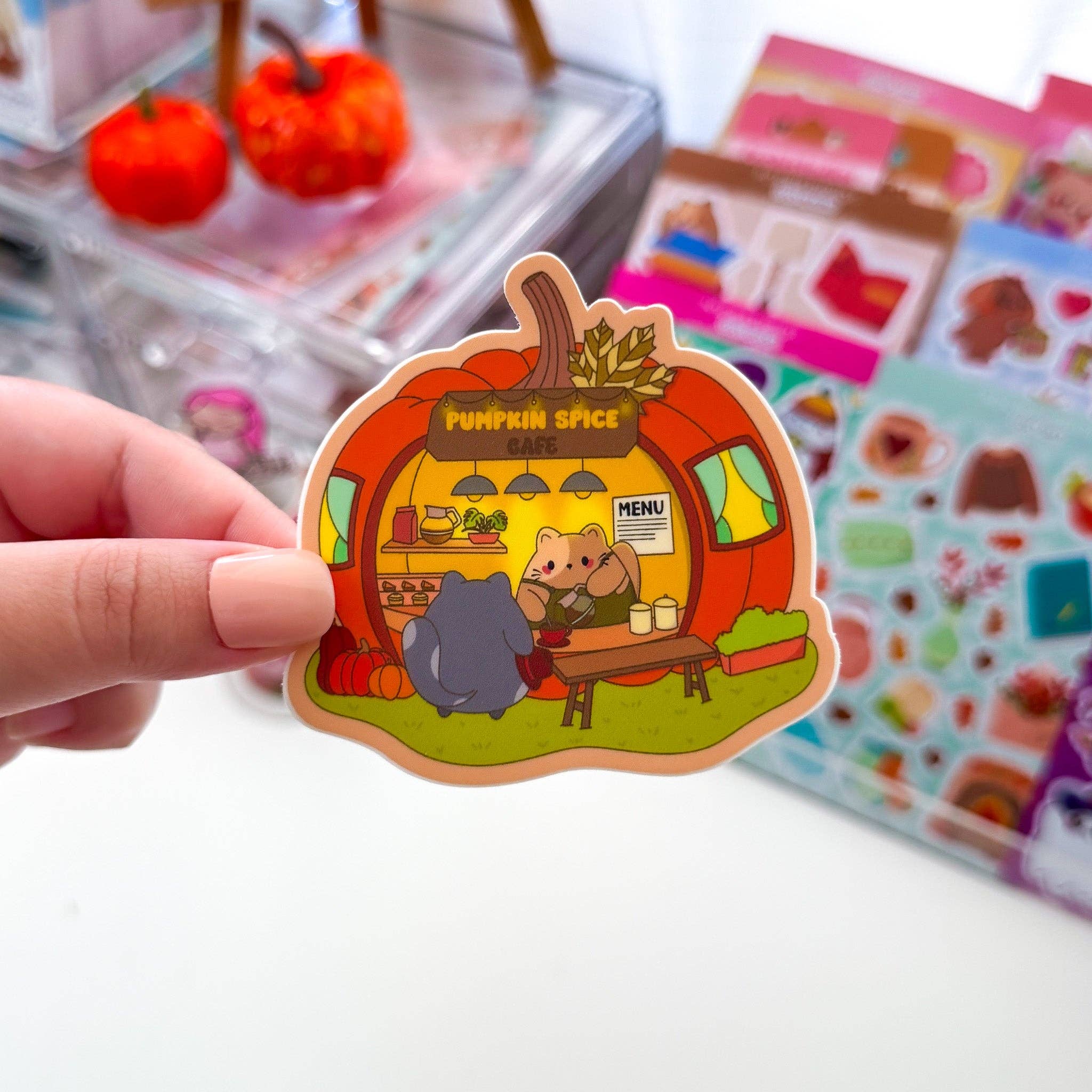 Pochistudios - Wholesale Sticker - Cozy Fall Pumpkin Spice Cafe Chubbs Cat Waterproof Die-cut Sticker1