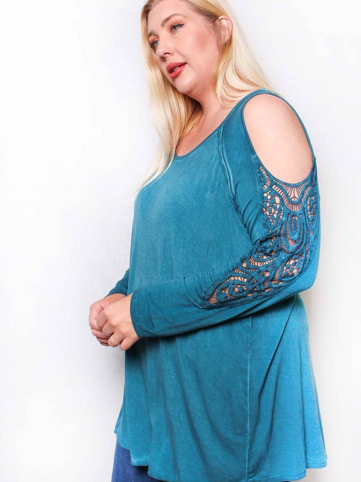 Good Stuff Apparel - Wholesale Tunic - Women's - Women's Plus Long Sleeve Cutout Lace Round Neck Solid Top3
