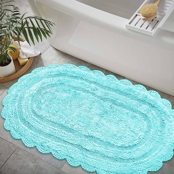 Blue CROCHET OVAL BATH MAT, TURQUOISE, 24''x40'' 100% COTTON for wholesale on Faire
