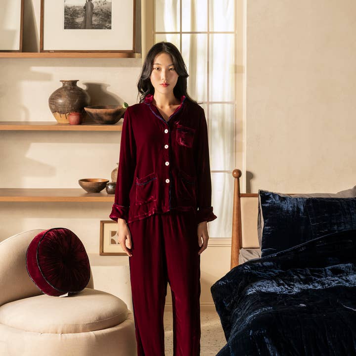 PIPED VELVET PYJAMA SET - Rosewood for wholesale by The Annam House
