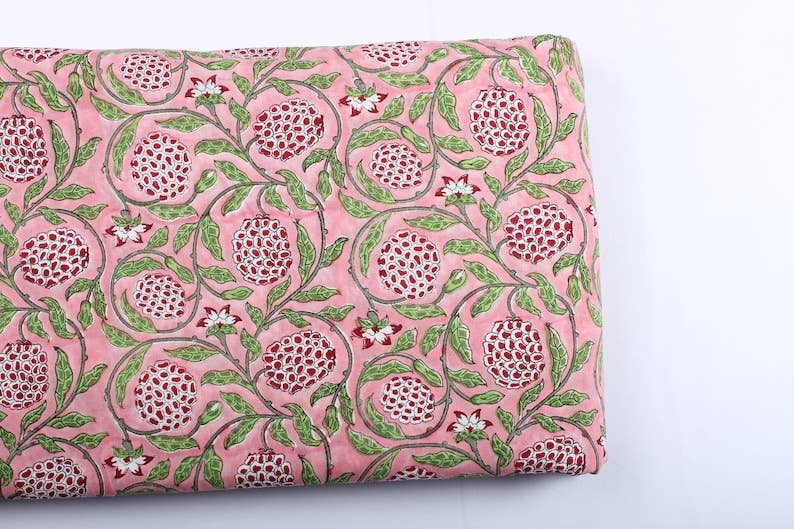 Fabricrush - Wholesale Fabric - Strawberry Pink, Green Indian Hand Block Print Fabric4