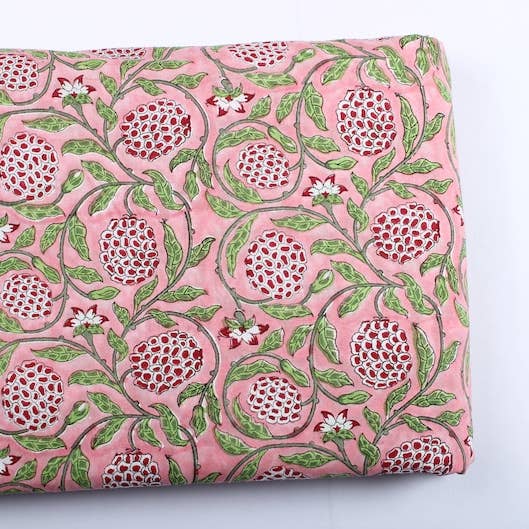 Fabricrush - Wholesale Fabric - Strawberry Pink, Green Indian Hand Block Print Fabric4