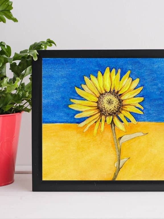Sunflower with Ukrainian Flag Watercolor Art Print for wholesale by Emilia Rose Artwork LLC