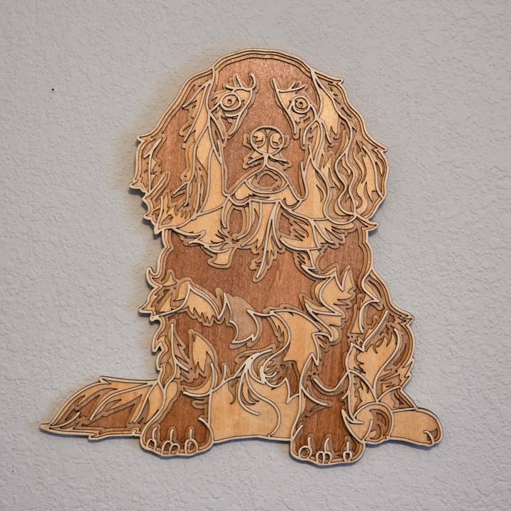 art mural en bois à plusieurs couches représentant un Cocker Spaniel magnifiquement détaillé pour la vente par Al Wood Earrings