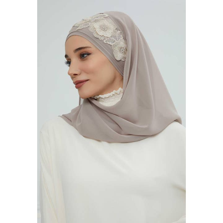 Aisha's Design - Wholesale Hijab – Women’s - Luxury Instant Chiffon Hijab with Floral Lace, Ready-to-Wear Chiffon Hijab with Embroidered Flowers,CPS-10156