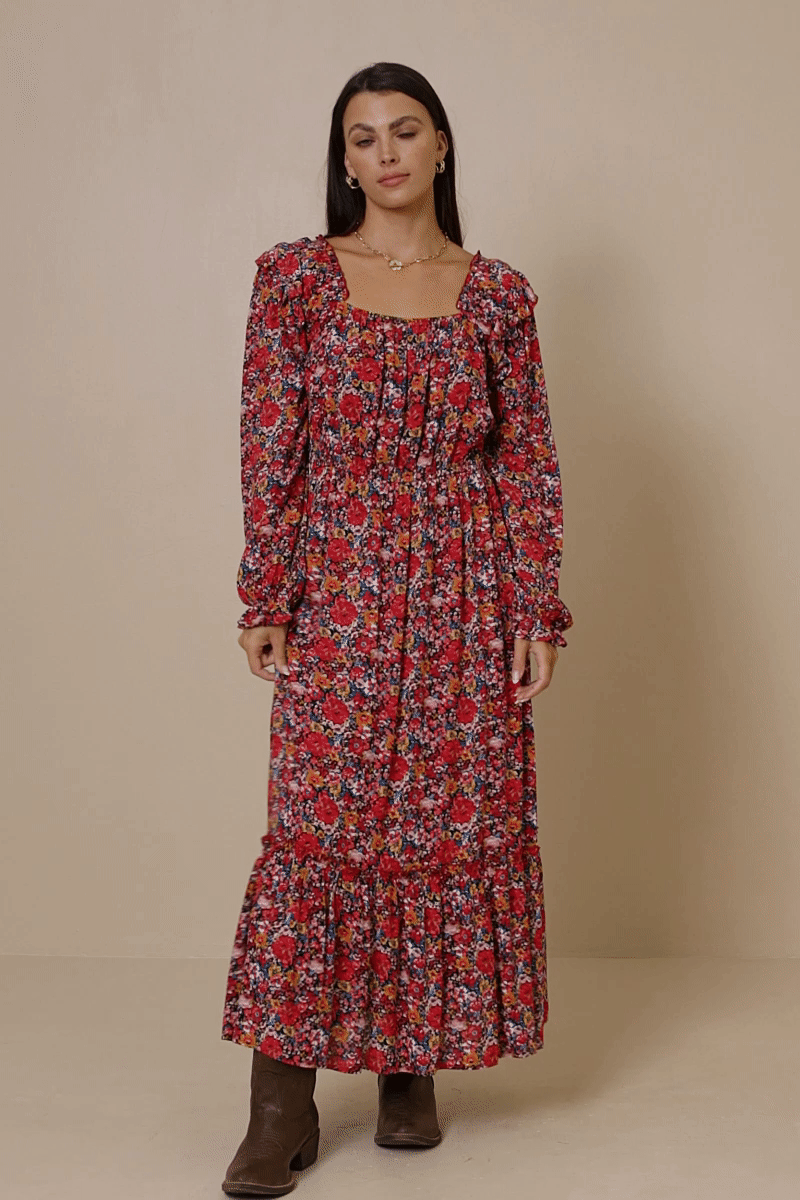 Cherry Womens Floral Print Ruffled Square Neck Midi Dress for wholesale on Faire1