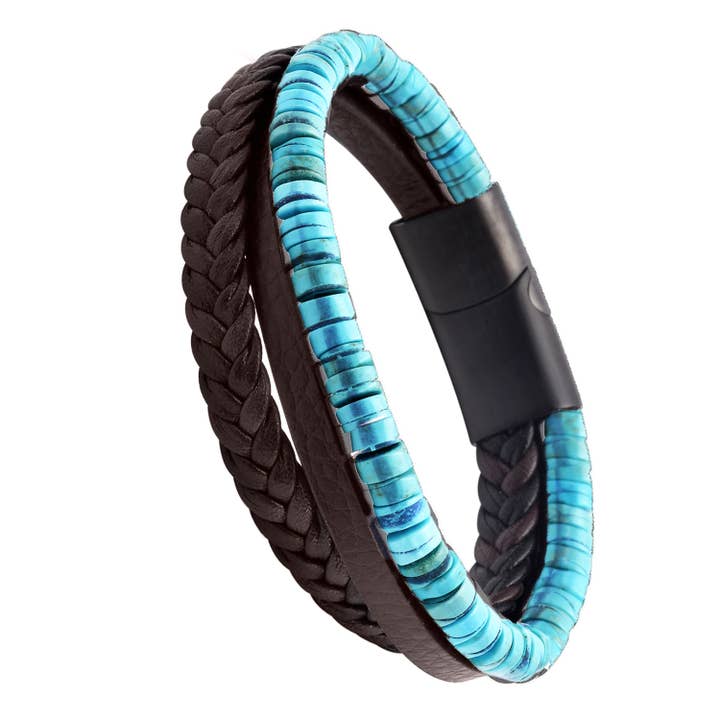 Pulseira de couro preto com contas heishi de turquesa por atacado de SIXTY STONES