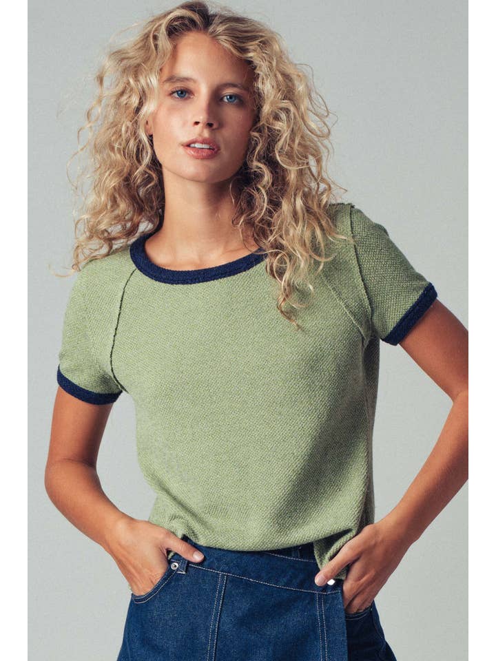Urban Daizy - Wholesale Knit Top - Women's - Sporty Trim Textured Crewneck Top1