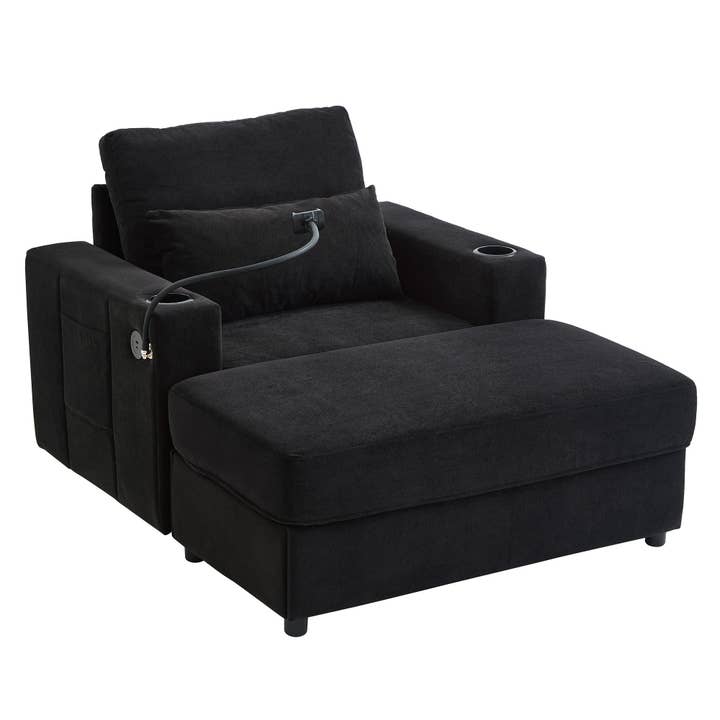 Moderne stijl fauteuil chaise longue met verplaatsbare opberghocker, USB-poorten en bekerhouders voor wholesale door BlakOutlet