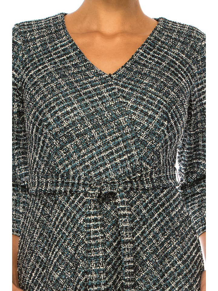 BLK WHT TURQ Shelby & Palmer Tweed Belted V-Neck A-line Dress for wholesale on Faire3