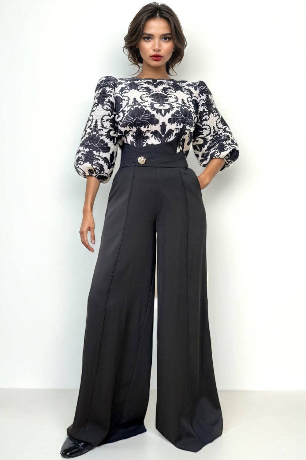 BLACK B1079 WIDE LEG PALAZZO PANTS  for wholesale on Faire0