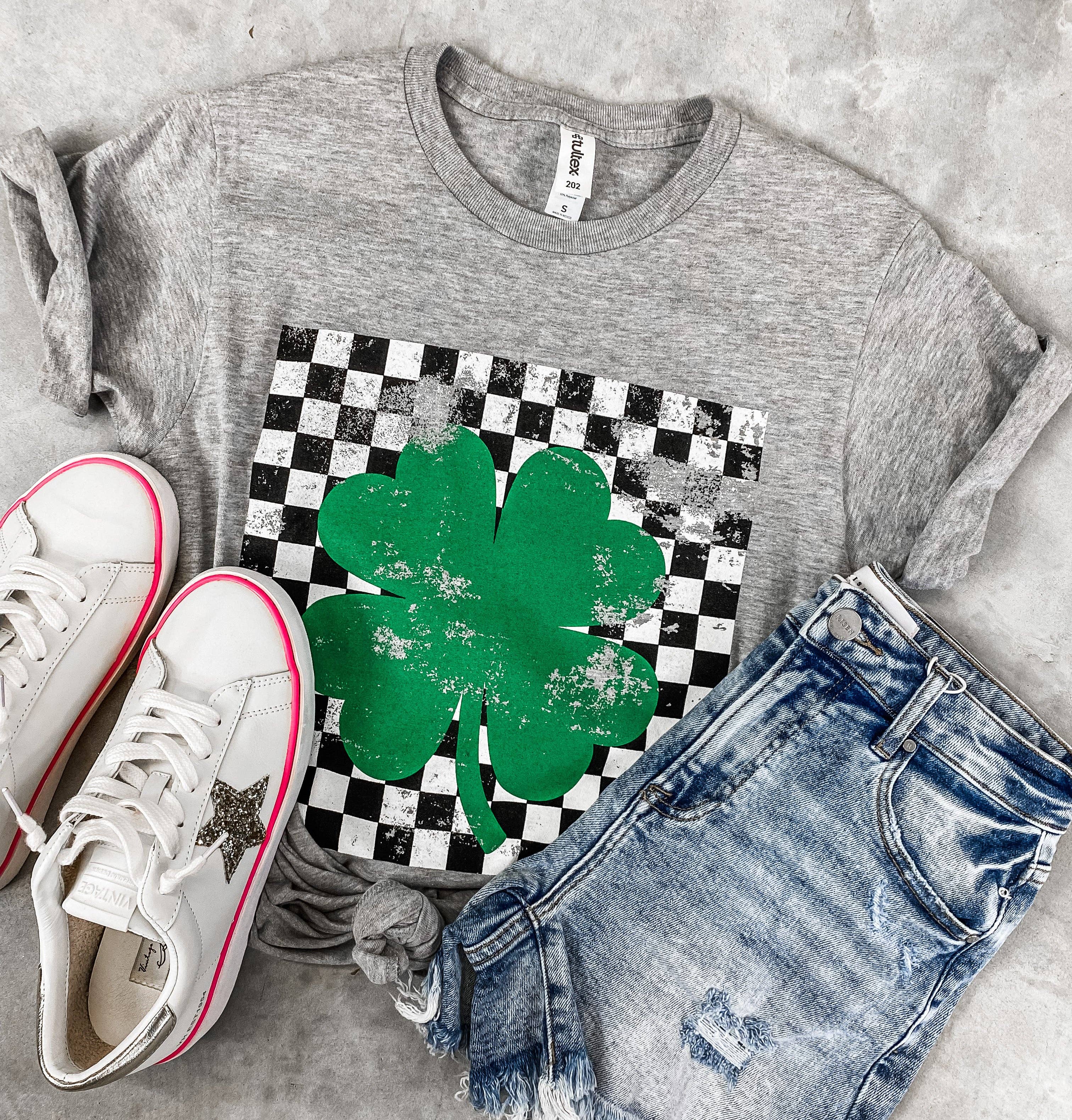 Chloe Vs Tank - Wholesale Screen Printed T-Shirt - Unisex - Checkered Shamrock Tee *GREY (S-3X)