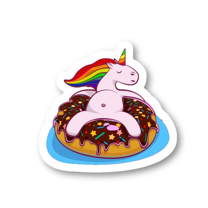 FunPopStickers – wholesale Klistermärke – Enhörning På En Donut Flytande Sommar Rolig 3-Pack - Set med 2,5, 3 och 4 tums vinylklistermärken för laptop - Sommar Rolig för laptop, telefon, vattenflaska, bil och mer dekal (3-Pack)
