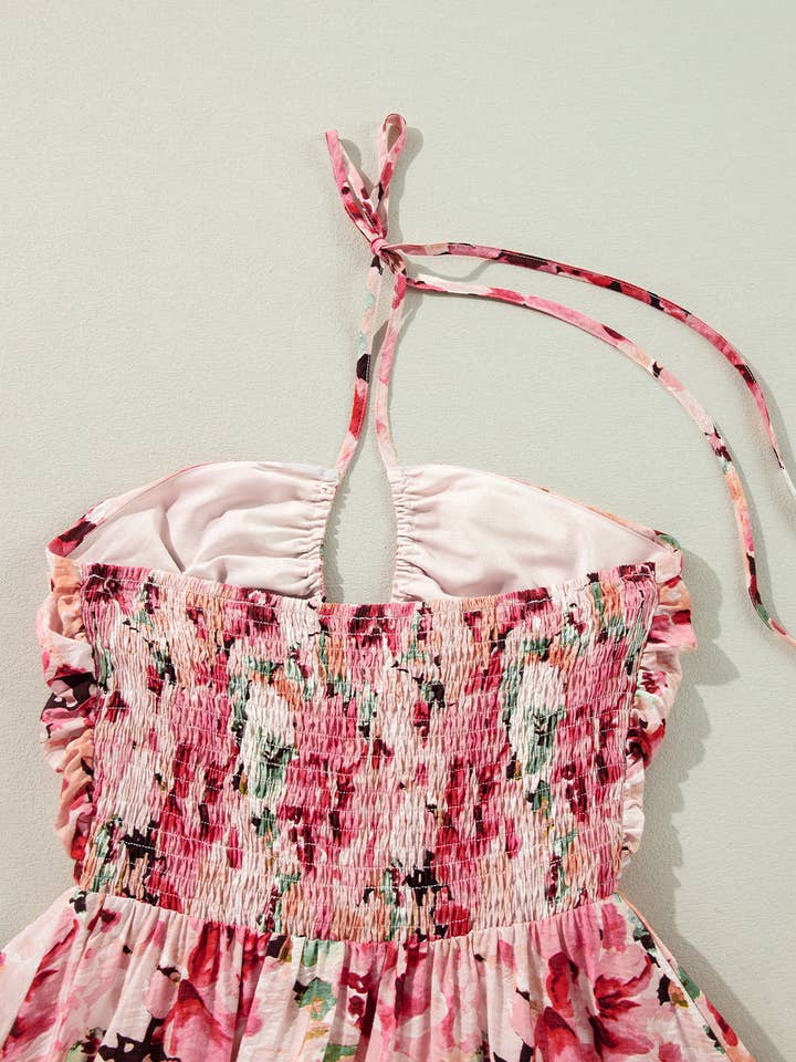 Pink Floral Sleeveless Halter Neck Shirred Back Ruffled Mini Dress for wholesale on Faire