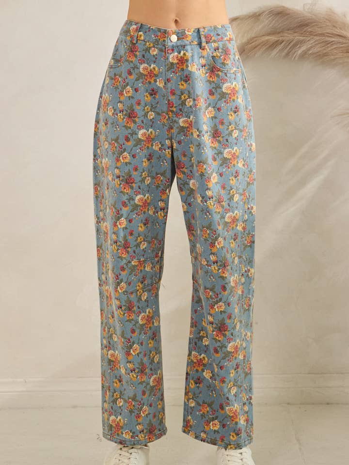 Mineral Washed Floral Denim Barrel Pants for wholesale by Sewn and Seen