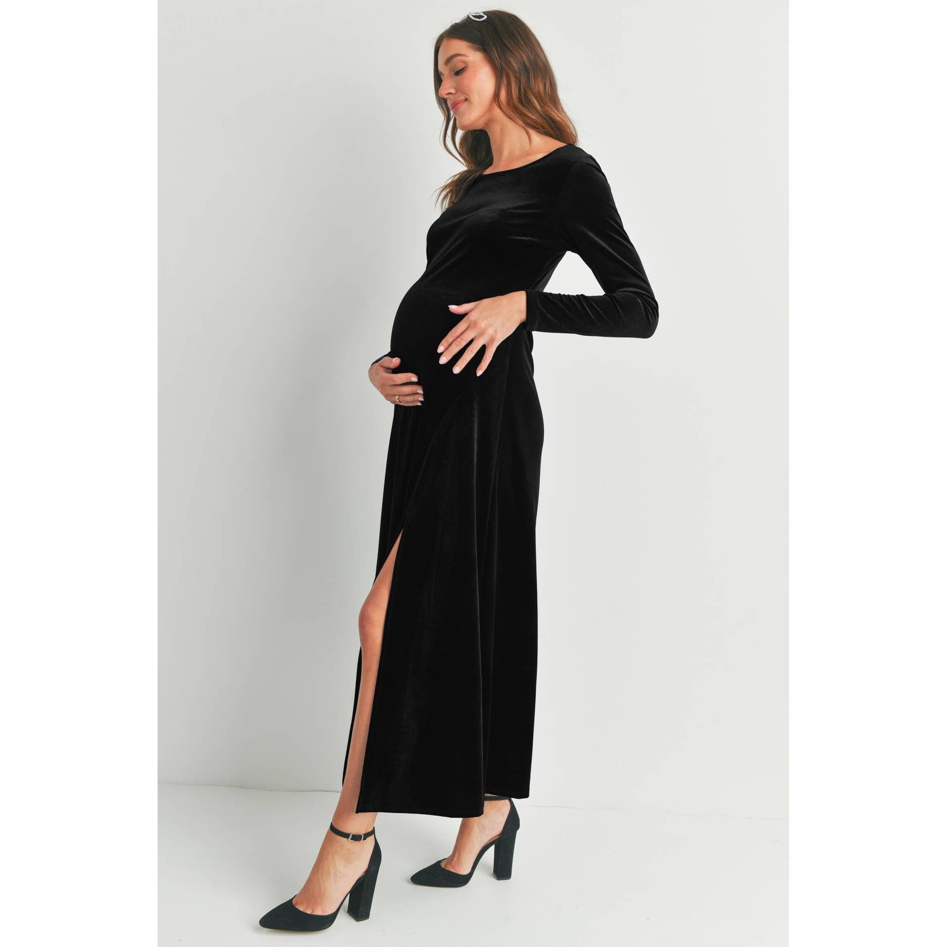 Hello Miz – wholesale Dress – Maternity – Velvet Long Sleeve Maternity Midi Dress1