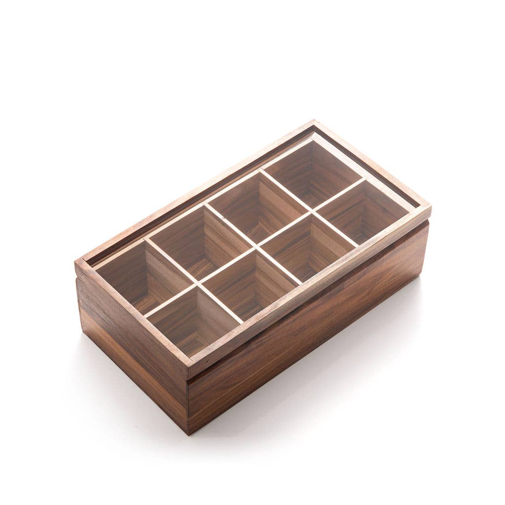 Fox Run Brands - Wholesale Cube Storage - Ironwood Cornwall Tea Box, 8 Compartments, 13.75"x7.5"x4.75"3