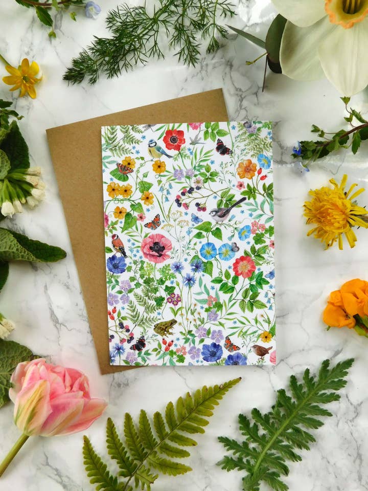 Enchanted Garden with Birds and Flowers Greetings Card for wholesale by Mystical Sky Studio