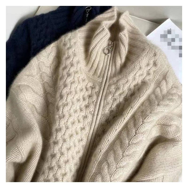 WHITE Thickened High Neck Zipper Twist Cashmere Cardigan for wholesale on Faire3