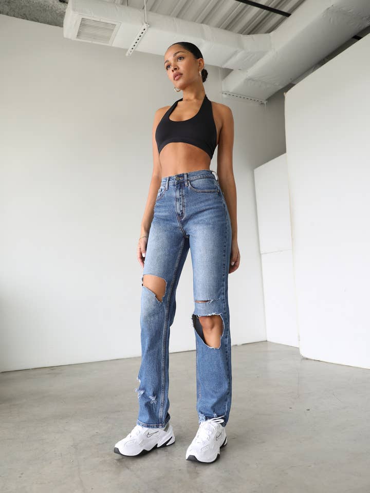 Vaqueros de mezclilla de talle alto y pierna recta - Oscuros - 7105 para venta al por mayor de DOGMA