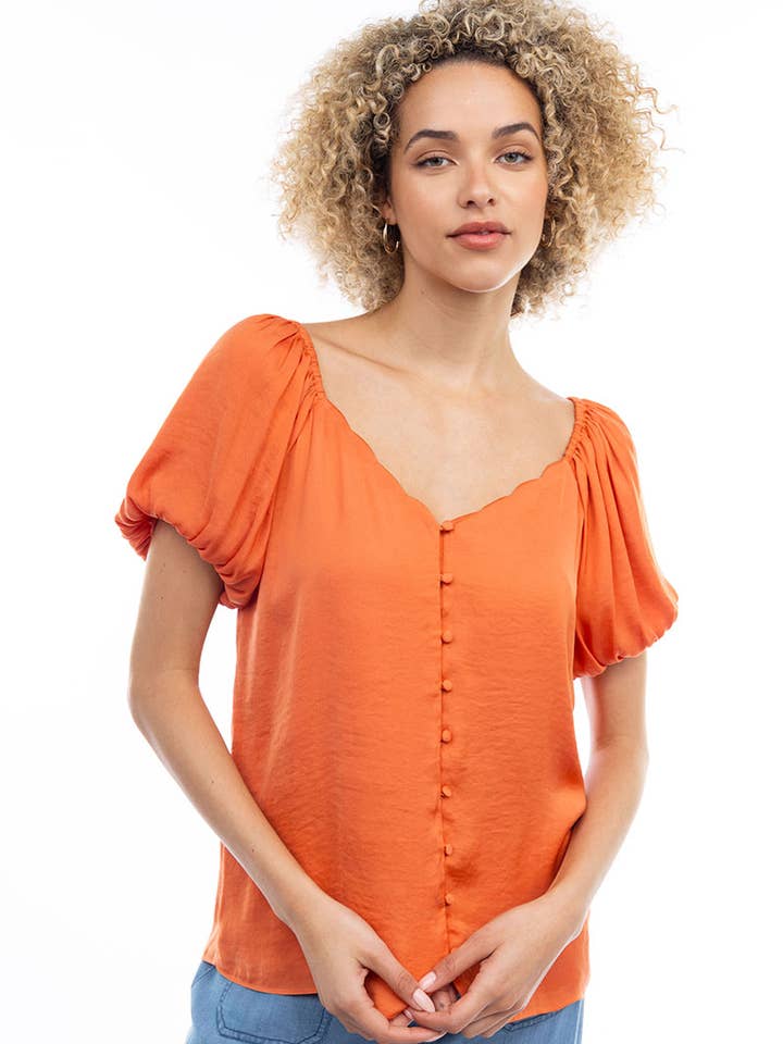 Naked Zebra - Wholesale Blouse - Women's - Scalloped Button Front Balloon Sleeve Blouse