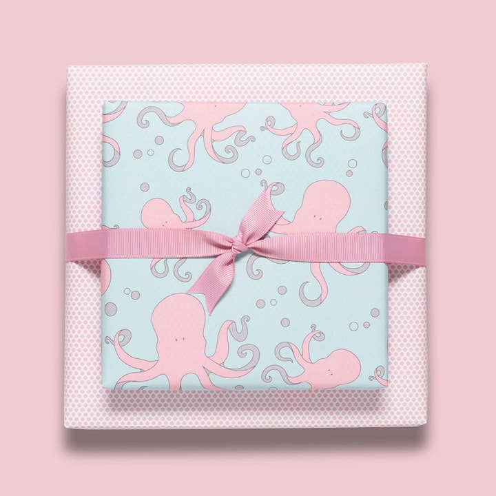 Papier cadeau en forme de poulpe rose, papier recyclé recto-verso pour la vente par My Pretty Circus