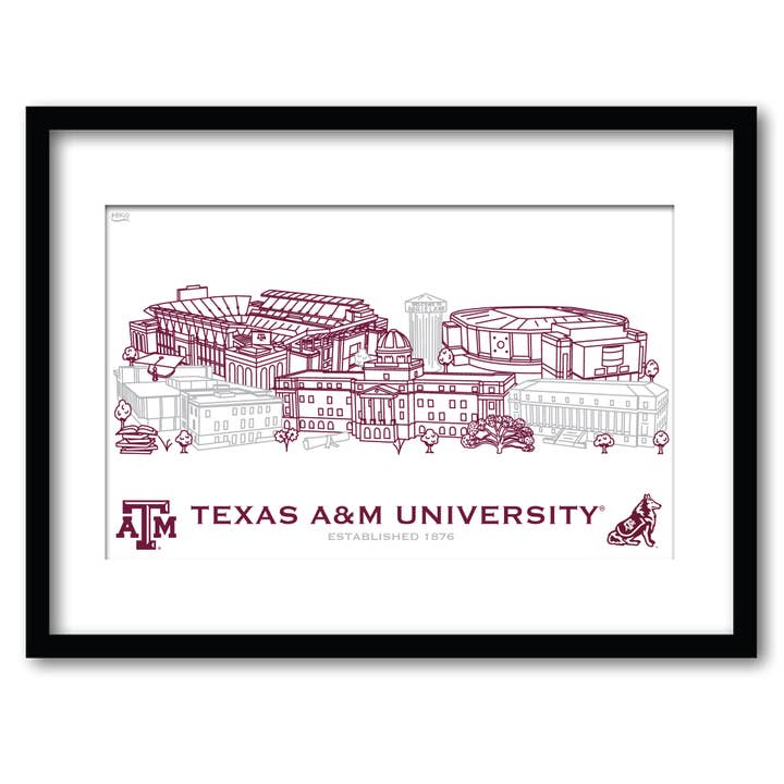 Texas A&M Aggies Gerahmte Campus-Linien-Wandkunst 11" x 14" für den Großhandel von Indigo Falls