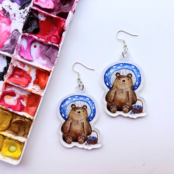 Blue Mushroom Bear Earrings – Forest Animal Jewelry for wholesale by Owlfeathers Watercolor