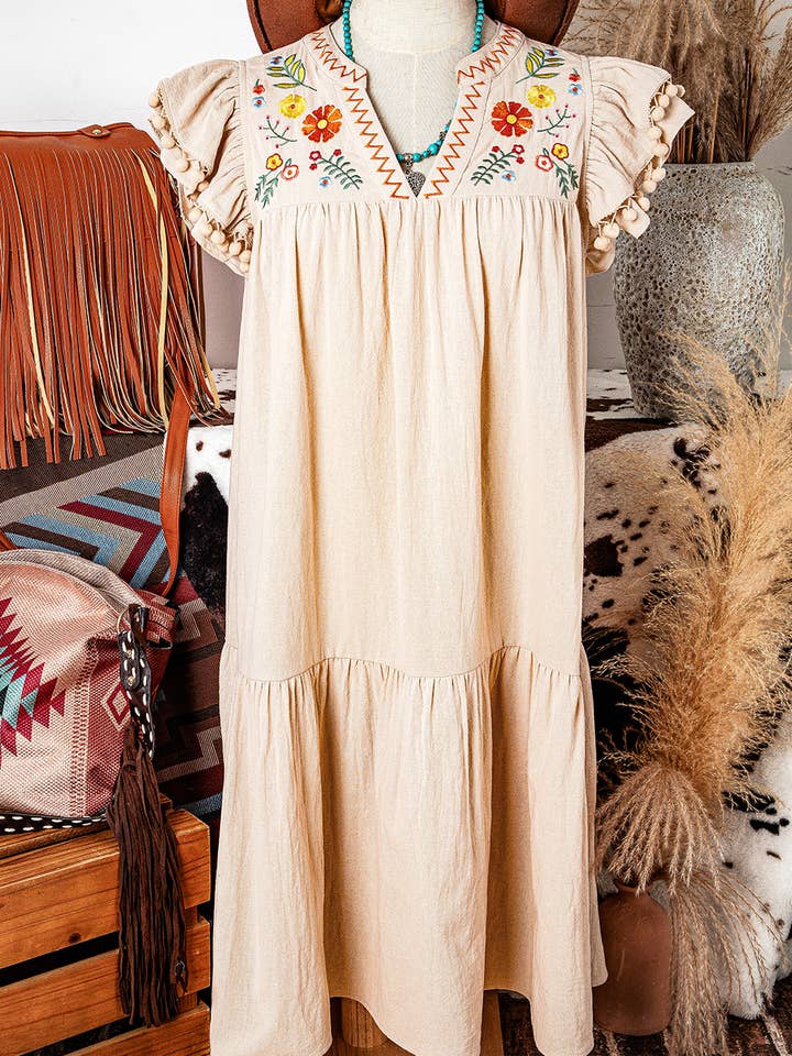 Linen Embroidery Pom Pom Ruffle Sleeves Flowy Short Dress for wholesale by fashionworks