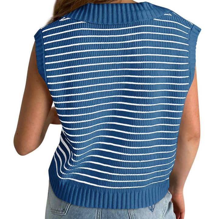 Lovesoft - Wholesale Knit Top - Women's - V-Neck Knitted Top Casual Striped Lapel Sweater