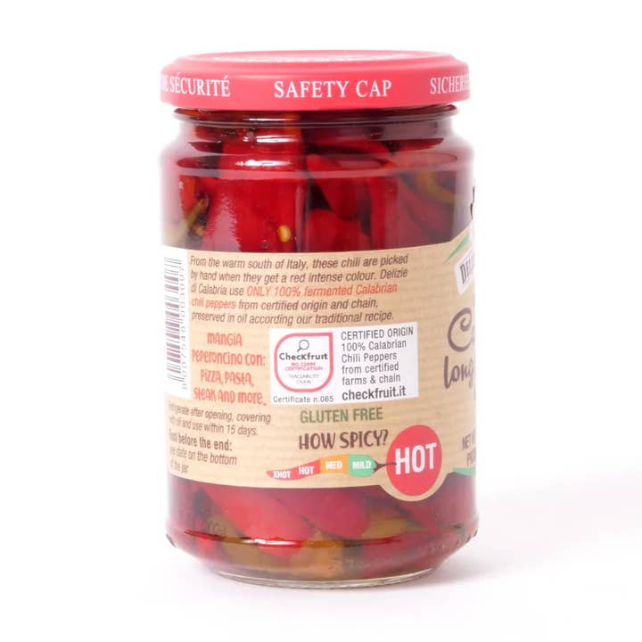 Whole Calabrian Chili in Oil | Delize di Calabria 280g glass for wholesale by Gourmet Food Solutions, Inc.