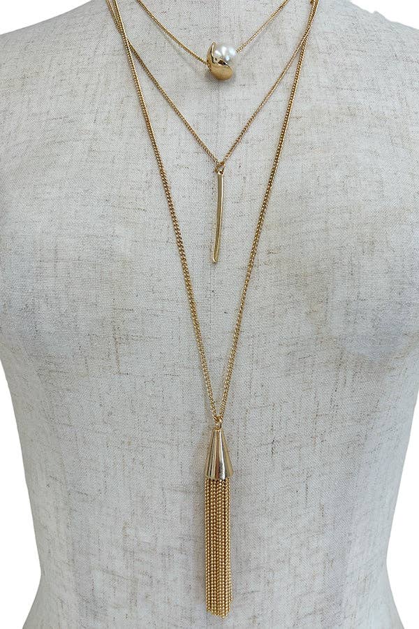 Gold Elongated Layered Pearl Pendant Necklace Set for wholesale on Faire2